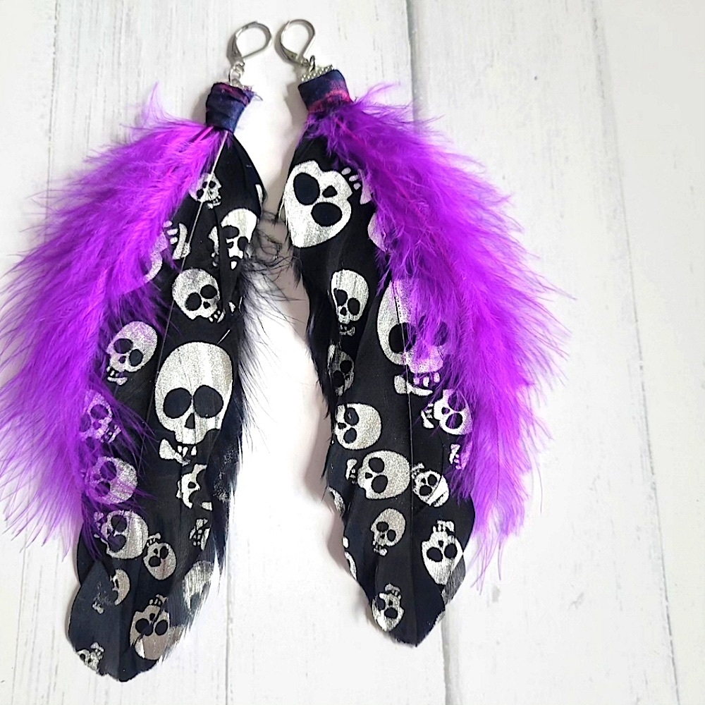 Halloween Skull & Feather Long Earrings 6 1/2”, Leverback Earwires Gothcore Vibe